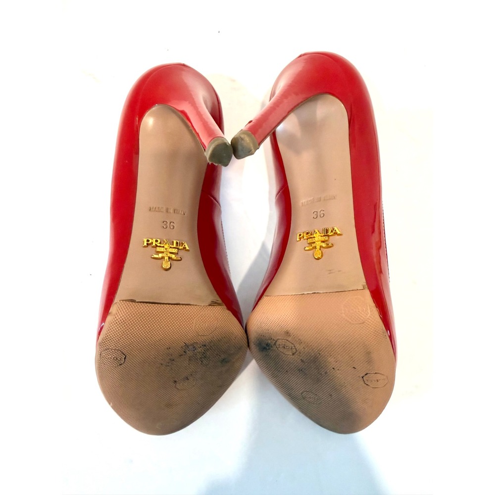 Prada Authentic Luxury Red Patent Leather Round Toe Slip On‎ Pump Shoes Sz 6 - Picture 8 of 10